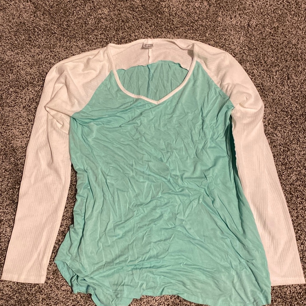 White and teal v neck sweater